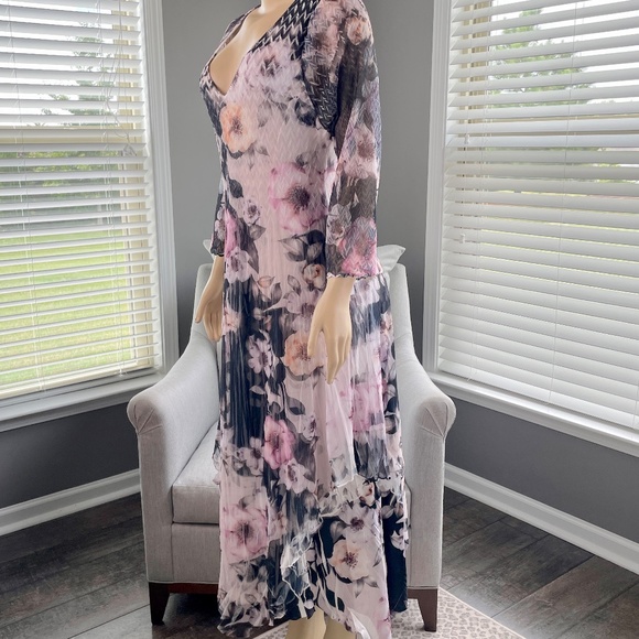 NEW Komarov Floral Print Chiffon Overlay Handkerchief Hem Dress, L - Picture 9 of 13